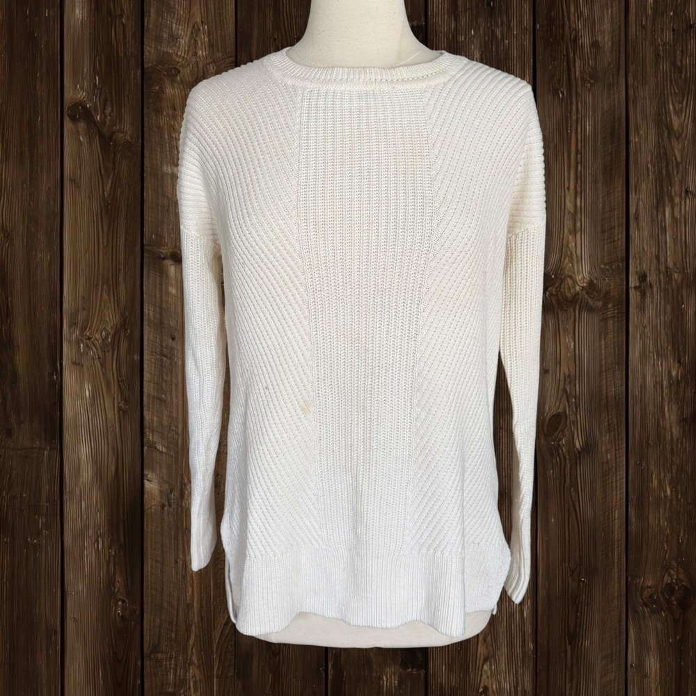 Athleta Merino Blend Sweater Sz S 44" Bust Rib Knit Pullover Cream Minimalist